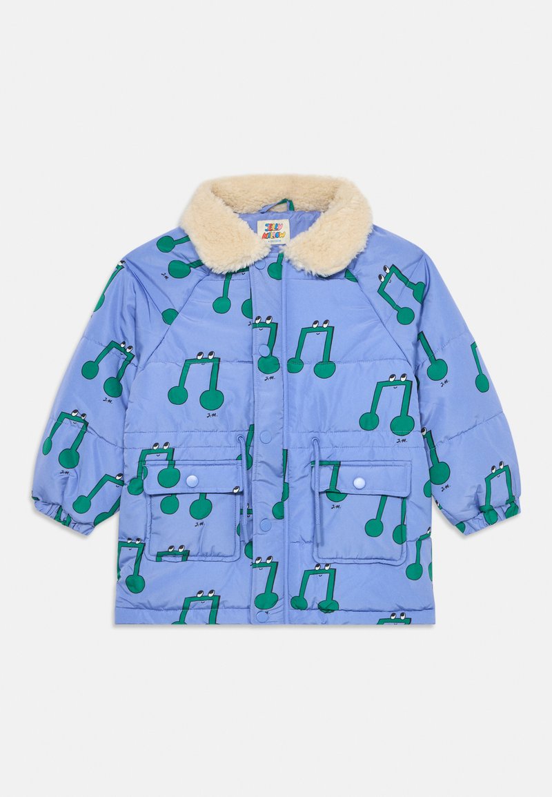 Hele sinine puffer-jakk, millel on roheline muusikanootide muster, kunstfutrakollane kaelus, kaks eesmist taskut ja elastsed varrukad.