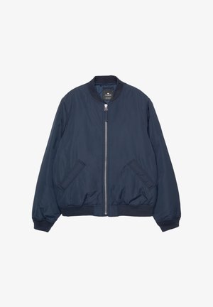 Námornícka bombardérka s predným zipsom, rebrovanými manžetami a spodným okrajom, dvoma bočnými vreckami a hladkým matným povrchom.