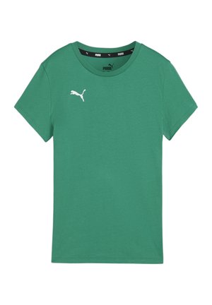 Grünes Baumwoll-T-Shirt mit Rundhalsausschnitt und kurzen Ärmeln. Mit einem weißen Puma-Logo auf der linken Brust. Glatte Textur, lässiges Design.