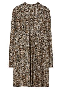 Robe à manches longues présentant un motif serpent dans des teintes de brun, beige et vert, avec une coupe décontractée et un col haut.