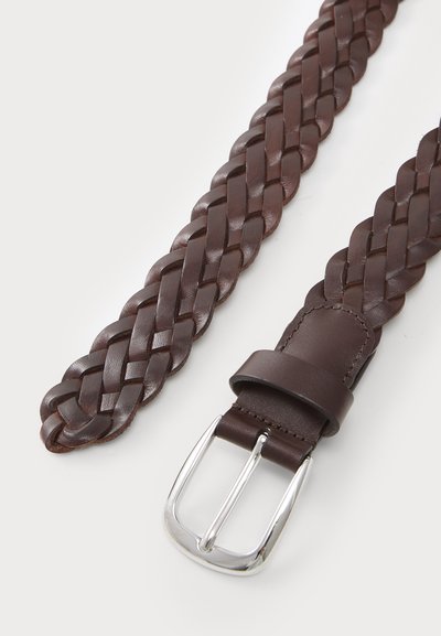 Braided brown leather belt with a smooth, solid strap end and a silver metal buckle. Features a textured, woven surface.