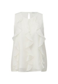 Blouse blanche sans manches avec des volants superposés à l'avant et une petite fermeture avec bouton en forme d'œillet dans le dos.