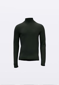 Suéter de cuello alto verde oscuro hecho de tela texturizada, con mangas largas y una silueta ajustada con una apertura de cuello lisa.