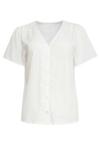 White short-sleeve blouse with a V-neck, front button closure, and textured eyelet pattern. Crafted from lightweight, breathable fabric.