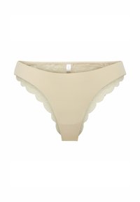 Beige tangatrusser med en glat front og scallop-lace kanter. Materialet ser blødt ud; mid-rise design med minimal dækning. Mærket er synligt indeni.