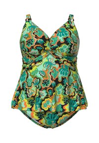 Costume da bagno due pezzi con top peplum e slip a vita alta in fantasia floreale astratta verde, turchese, arancione e nero.