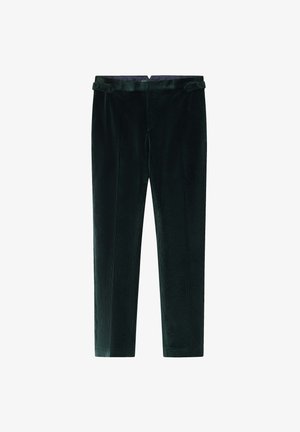 Pantaloni in velluto a coste di colore verde scuro, con taglio dritto, texture a costine discreta e vita con passanti per cintura. Nessuna tasca visibile.