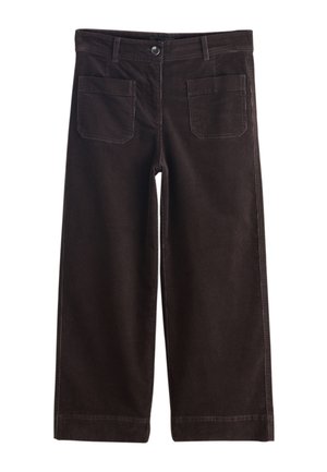 Ciemnobrązowe spodnie o szerokich nogawkach z przednimi naszywanymi kieszeniami, szlufkami na pasek i zapięciem na guzik w pasie.
