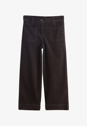 Ciemnobrązowe spodnie o szerokich nogawkach z przednimi naszywanymi kieszeniami, szlufkami na pasek i zapięciem na guzik w pasie.