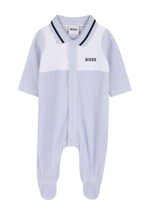 Bodysuit bleu pâle à manches courtes, panneau avant blanc, col noir et logo "BOSS". Fabriqué en tissu doux avec un design à pieds.