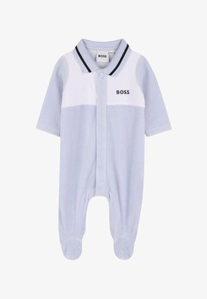 Tutina azzurra pallida con maniche corte, pannello frontale bianco, colletto nero e logo "BOSS". Realizzata in morbido tessuto con design a piedi.