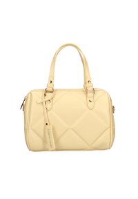 Borsa a tracolla gialla imbottita con due manici, chiusura con zip e dettagli in metallo. Materiale sintetico liscio con forma rettangolare.