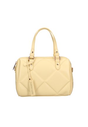 Borsa a tracolla gialla imbottita con due manici, chiusura con zip e dettagli in metallo. Materiale sintetico liscio con forma rettangolare.