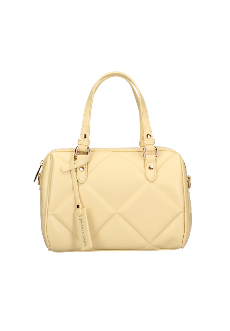 Borsa a tracolla gialla imbottita con due manici, chiusura con zip e dettagli in metallo. Materiale sintetico liscio con forma rettangolare.