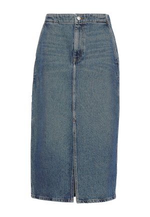 Jupe en denim bleu, taille haute, longueur au genou, avec une fente à l'avant, une fermeture à boutons et un design classique à cinq poches.