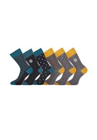 Six paires de chaussettes mi-mollet en teal, noir et gris avec des accents jaunes, présentant des rayures, de petits motifs et des logos à la cheville.
