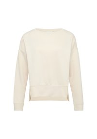 Crèmekleurige sweatshirt met een ronde halslijn, verlaagde schouders en zijsplitten. De zachte textuur en aansluitende manchetten verhogen het comfort.