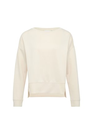 Cremfarbener Pullover mit rundem Ausschnitt, überschnittenen Schultern und seitlichen Schlitzen. Die weiche Textur und die enganliegenden Bündchen erhöhen den Tragekomfort.