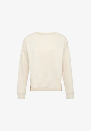 Cream-colored sweatshirt with a round neckline, drop shoulders, and side slits. Soft texture and fitted cuffs enhance comfort.