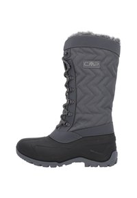 Hohe graue Winterstiefel mit schwarzer Gummisohle, Schnürung an der Vorderseite, gezacktem, gestepptem Obermaterial und Fellfutter am oberen Rand, Marke CMP.