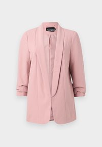 Blazer rose clair avec col châle, manches trois-quarts et finition en tissu lisse. Doté d'une fermeture à un seul bouton à l'avant.
