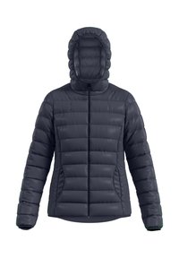 Dunkelgraue Pufferjacke mit Kapuze, mit horizontal gesteppten Abschnitten, einem Frontreißverschluss und zwei Seitentaschen. Glatte, glänzende Textur.