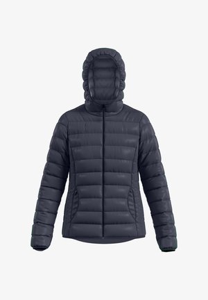 Donkergrijze pufferjack met een capuchon, voorzien van horizontaal gestikte secties, een voorde rits en twee zijzakken. Gladde, glanzende textuur.