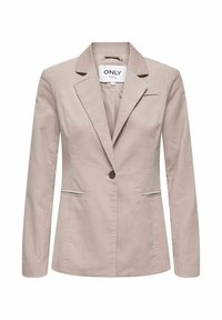 Beżowa marynarka sztruksowa z wyciętym klapą, zapinana na jeden guzik, z dwoma przednimi kieszeniami oraz pionowym, drobnym prążkowanym wzorem. Metka: ONLY.
