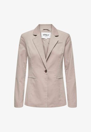 Blazer de pana beige con solapa con muesca, cierre de un solo botón, dos bolsillos frontales y patrón de costillas finas verticales. Etiqueta: ONLY.