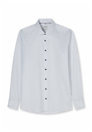 Weißes langärmeliges Hemd mit kleinem dunkelblauem geometrischem Muster und schwarzen Knöpfen, Haifischkragen und Markenschild im Krageninneren.