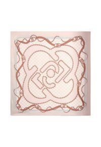 Silke firkantet tørklæde i blød pink med et kædemønster i rosaguld, der har sammenflettede logoer og et geometrisk baggrundsdesign.