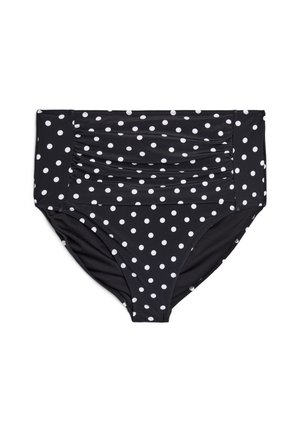 Bas de bikini taille haute noir avec des pois blancs et un détail de tissu froncé à l'avant.
