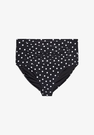 Melni bikšu apakšdaļas ar augstu jostasvietu, baltām pumpiņām un rušu auduma detaļu priekšpusē.