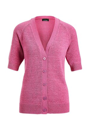Rosa Strickjacke mit kurzen Ärmeln, V-Ausschnitt, fünf Knöpfen und geripptem Saum. Hergestellt aus strukturiertem Strickmaterial.