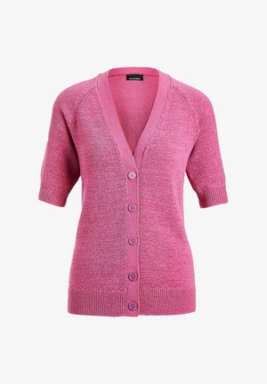 Rosa Strickjacke mit kurzen Ärmeln, V-Ausschnitt, fünf Knöpfen und geripptem Saum. Hergestellt aus strukturiertem Strickmaterial.