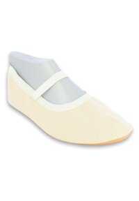 Ballettflats aus Canvas in Off-White mit einer weichen Textur, elastischem Riemen und einer abgerundeten Zehe. Die Sohle ist hellbeige mit einer glatten Oberflächenbeschaffenheit.