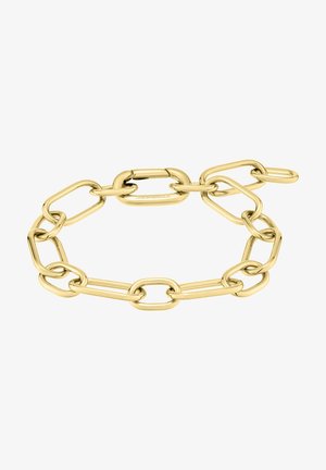 Gold chain bracelet featuring elongated oval links, smooth texture, and a secure clasp, labeled with “LIEBESKINDBERLIN.”