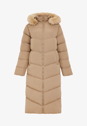 Tan puffer coat with chevron quilting, zip closure, and a faux fur hood. Features long sleeves and a mid-calf length. Smooth texture.