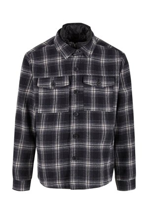 Black and white plaid shirt jacket with two front pockets, button front closure, and a classic collar, featuring a soft, textured fabric.