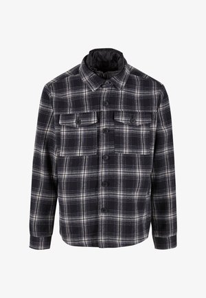 Mustavalkoinen ruudullinen puserotakki, jossa on kaksi etutaskua, napitus edessä ja klassinen kaulus, valmistettu pehmeästä, teksturoidusta kankaasta.