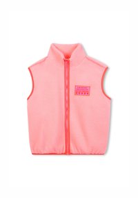 Fleece vest in fel roze met een opstaande kraag, volle rits en korte mouwen. Heeft een patch met tekst en harten.