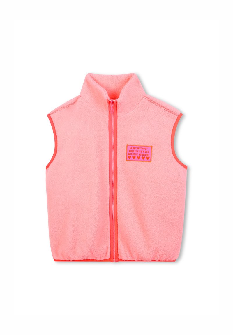 Fleece vest in fel roze met een opstaande kraag, volle rits en korte mouwen. Heeft een patch met tekst en harten.