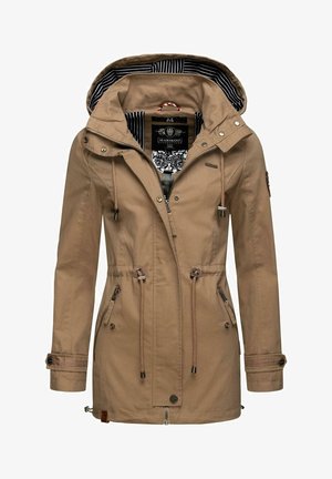 Giacca di cotone marrone con cappuccio, vita regolabile con cordoncino, chiusura con zip e bottone, e foderatura a righe con motivi floreali. Inclusi più tasche.