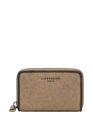 Piccolo portafoglio rettangolare in tessuto beige con bordo nero e cerniera, con marchio Liebeskind Berlin al centro sul davanti.