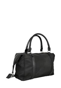 Bolso de mano de nylon negro con acentos de cuero y asas superiores dobles. Cuenta con un cierre de cremallera y una base plana para mayor estabilidad. Forma rectangular compacta.