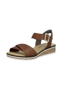 Brown leather open-toe sandal with adjustable ankle strap, beige cushioned footbed, cork wedge sole, and white rubber outsole.
