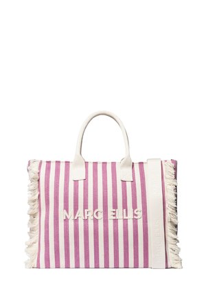 Sac fourre-tout rectangulaire à rayures verticales roses et blanches avec poignées en tissu, bords effilochés et "MARC ELLIS" cousu sur le devant.