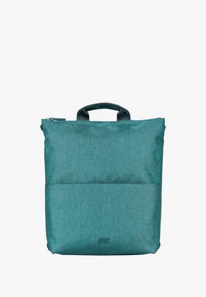 Sac à épaule en teal avec un fini en tissu texturé, doté de poignées supérieures et d'une poche avant. Fermeture éclair en haut. Design minimaliste.