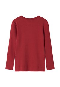 Maglietta rossa a maniche lunghe con scollo rotondo e orlo dritto. Tessuto morbido con motivo testurizzato verticale.