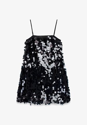 Must must kleit õhukeste rihmadega, kaetud suurte sädelevate mustade ja hõbedaste litritega.